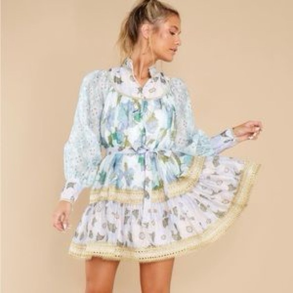 INA Rhythm Trimmed Billow Mini Dress Floral Blue Gold Puff Long Sleeve NEW Small - Picture 10 of 10
